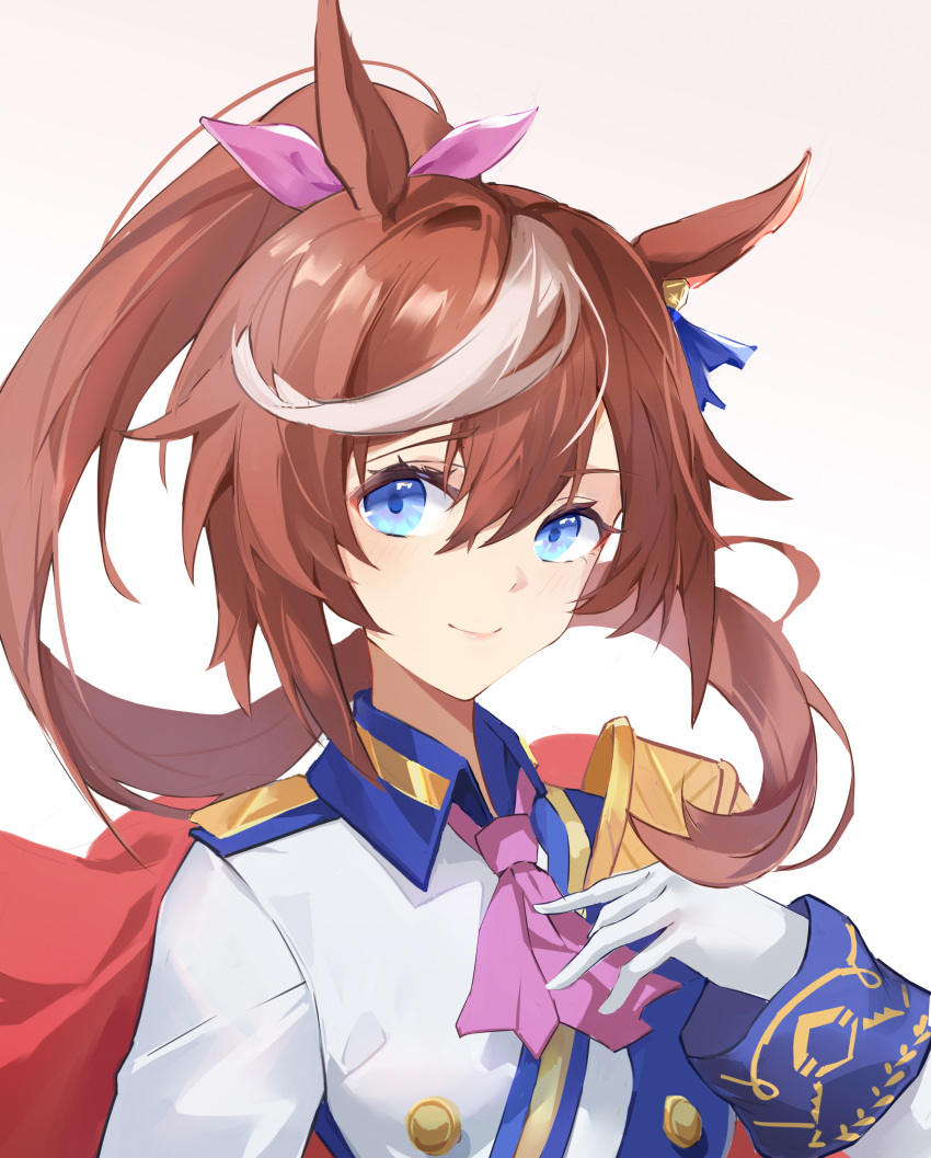 1girl \||/ absurdres animal_ears arm_up ascot bangs blue_bow blue_eyes blue_jacket blush bow brown_hair buttons cape chenmu_sora chinese_commentary closed_mouth commentary double-breasted ear_bow epaulettes eyelashes gloves gold_trim hair_between_eyes hand_on_own_chest highres horse_ears horse_girl jacket lips looking_to_the_side multicolored_hair pink_neckwear ponytail red_cape short_hair_with_long_locks sidelocks simple_background single_epaulette smile solo standing streaked_hair tokai_teio_(umamusume) two-tone_hair umamusume upper_body white_background white_gloves white_hair wing_collar