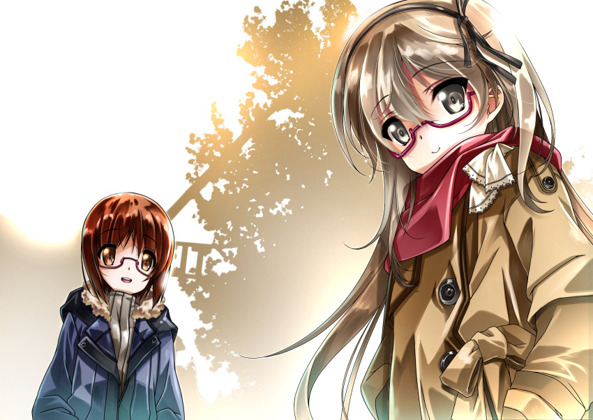 2girls absurdres bangs bespectacled black-framed_eyewear black_ribbon blue_coat brown_coat brown_eyes brown_hair casual closed_mouth coat commentary_request eyebrows_visible_through_hair girls_und_panzer glasses hair_ribbon highres hood hood_down hooded_coat light_brown_hair long_hair looking_at_viewer multiple_girls nishizumi_miho one_side_up open_mouth red-framed_eyewear red_scarf ribbed_sweater ribbon scarf semi-rimless_eyewear senomoto_hisashi shimada_arisu short_hair smile standing sweater trench_coat turtleneck under-rim_eyewear white_sweater