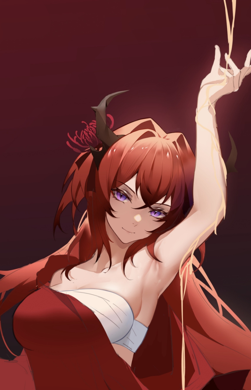 1girl arknights arm_up armpits bandages bangs bare_shoulders breasts closed_mouth commentary_request eyebrows_visible_through_hair flower gradient gradient_background hair_flower hair_intakes hair_ornament highres horns large_breasts lic_628 liquid long_hair looking_at_viewer off_shoulder open_clothes red_background red_flower red_hair sarashi smile solo spider_lily surtr_(arknights)