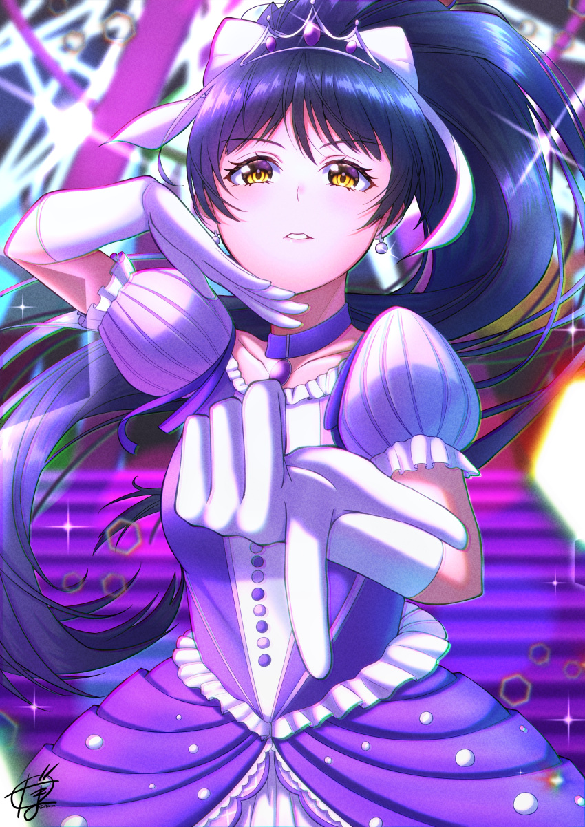 1girl absurdres bangs birthday black_hair breasts bright09 collarbone commentary dress earrings gloves hair_ribbon hazuki_ren high_ponytail highres jewelry long_hair looking_at_viewer love_live! love_live!_superstar!! nonfiction!!_(love_live!) ponytail purple_eyes ribbon signature small_breasts solo stairs tiara white_gloves yellow_eyes