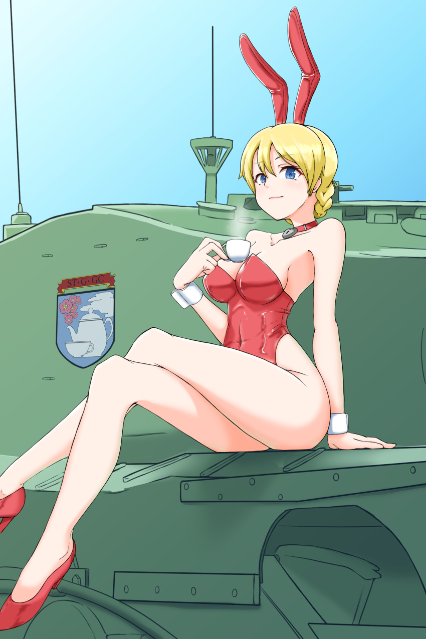 1girl absurdres animal_ears bangs bare_legs bare_shoulders blonde_hair blue_eyes braid breasts choker churchill_(tank) closed_mouth collarbone commentary covered_navel crossed_legs cup darjeeling_(girls_und_panzer) emblem fake_animal_ears girls_und_panzer ground_vehicle heart heart_choker high_heels highres holding holding_cup legs leotard looking_at_viewer medium_breasts military military_vehicle motor_vehicle no_legwear nyang-kaz on_vehicle playboy_bunny rabbit_ears red_choker red_footwear red_leotard short_hair sitting smile solo st._gloriana's_(emblem) strapless strapless_leotard stream tank teacup thighs tied_hair twin_braids wrist_cuffs