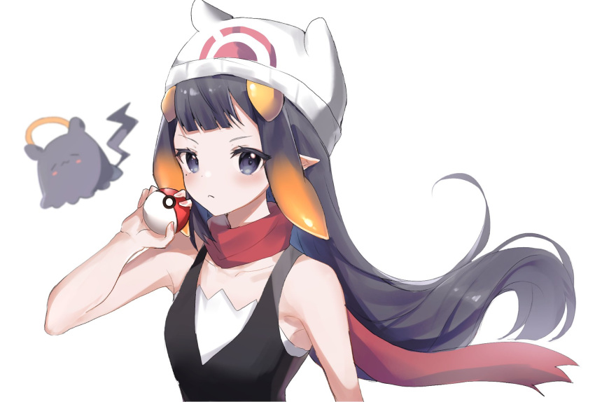 1girl bangs beanie collarbone cosplay dawn_(pokemon) dawn_(pokemon)_(cosplay) english_commentary floating_hair hair_behind_ear halo hat highres holding holding_poke_ball hololive hololive_english long_hair looking_at_viewer maru_ccy ninomae_ina'nis pointy_ears poke_ball poke_ball_(basic) pokemon pokemon_(game) pokemon_bdsp portrait red_scarf scarf solo tako_(ninomae_ina'nis) tentacle_hair virtual_youtuber white_background white_headwear