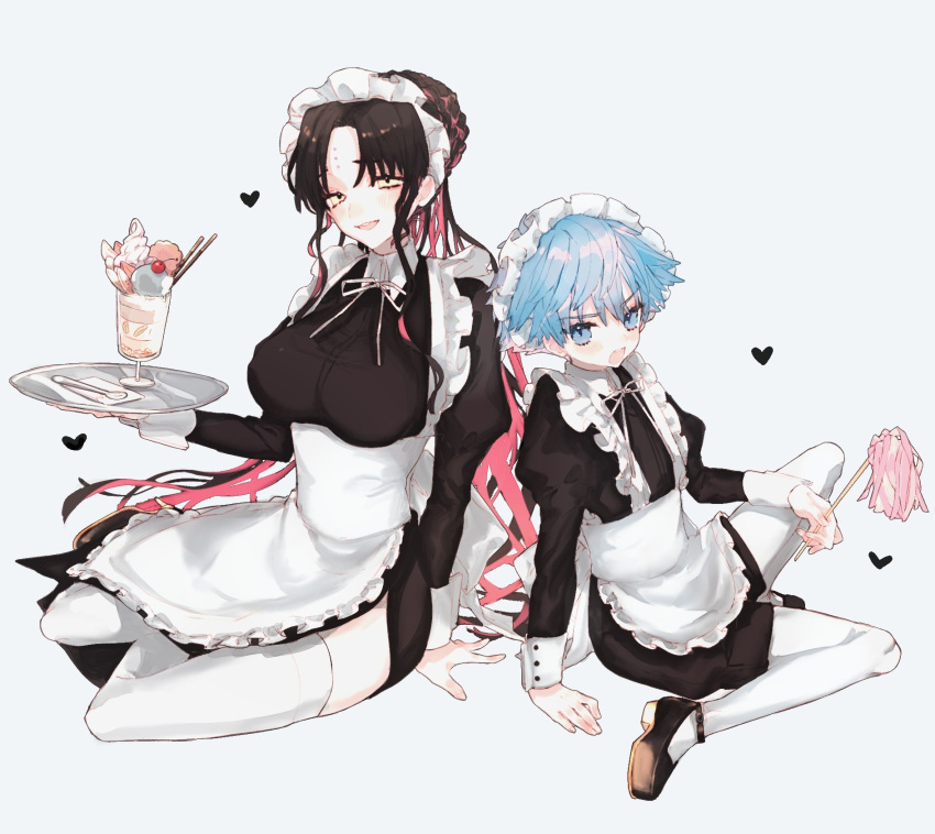 1boy 1girl apron bangs black_dress black_footwear black_hair black_shirt black_shorts blue_eyes blue_hair breasts collared_dress collared_shirt commentary dress eyebrows_visible_through_hair facial_mark fate/extra fate/extra_ccc fate/grand_order fate_(series) forehead_mark forehead_tattoo frilled_hairband frills hairband hans_christian_andersen_(fate) heart high_heels highres holding holding_tray juliet_sleeves large_breasts long_hair long_sleeves looking_at_viewer multicolored_hair parfait parted_bangs pink_hair pith_u puffy_sleeves ribbon sesshouin_kiara shirt shorts sidelocks simple_background sitting streaked_hair symbol-only_commentary thighhighs tray very_long_hair white_apron white_headwear white_legwear white_ribbon wrist_cuffs yellow_eyes