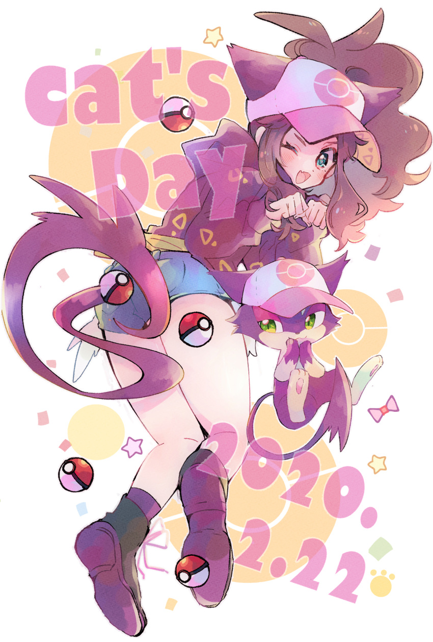 1girl ;d baseball_cap blush boots brown_hair cat_day commentary_request dated denim denim_shorts eyelashes fang green_eyes hat highres hilda_(pokemon) long_hair looking_at_viewer misha_(ohds101) one_eye_closed open_mouth paw_pose poke_ball poke_ball_(basic) pokemon pokemon_(creature) pokemon_(game) pokemon_bw pokemon_ears pokemon_tail purrloin short_shorts shorts sidelocks smile star_(symbol) tail tongue