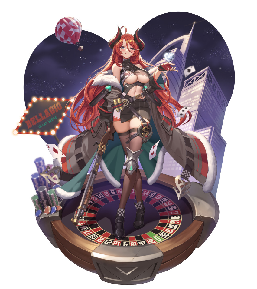 1girl :q absurdres blue_eyes breasts building card casino demon_girl fingerless_gloves gem gloves gun heart high_heels highres horns large_breasts long_hair navel night nolan original pantyhose poker_chip red_hair roulette solo tongue tongue_out underboob very_long_hair weapon