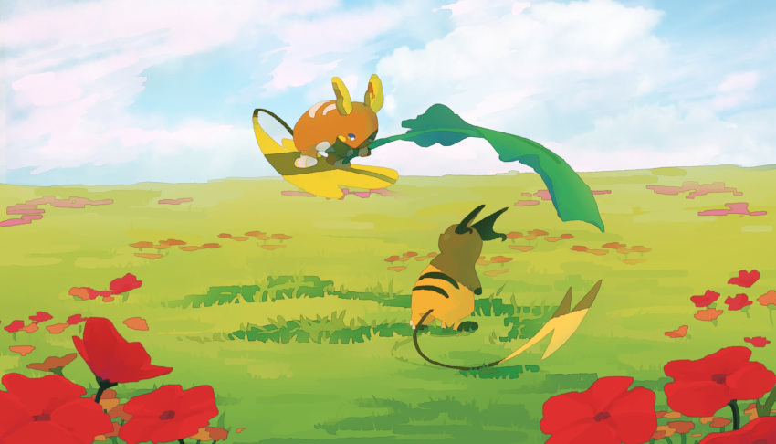 alolan_raichu cloud day feyzi field flower grass highres holding holding_leaf leaf no_humans outdoors pokemon pokemon_(creature) raichu red_flower sky standing