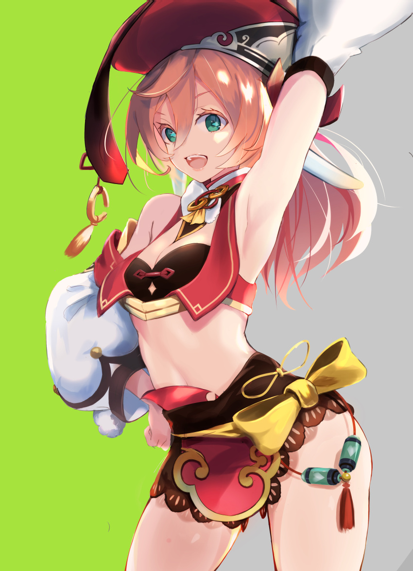 1girl :d absurdres antlers arm_up armpits bangs bare_shoulders black_bloomers black_bra bra breasts cleavage commentary_request cowboy_shot crop_top detached_sleeves eyebrows_behind_hair genshin_impact green_background green_eyes grey_background hair_between_eyes hand_on_hip hat highres horns long_hair looking_at_viewer midriff navel open_mouth partial_commentary pink_hair red_headwear red_skirt sidelocks simple_background skirt small_breasts smile solo standing tebi_(tbd11) teeth two-tone_background underwear upper_teeth yanfei_(genshin_impact)