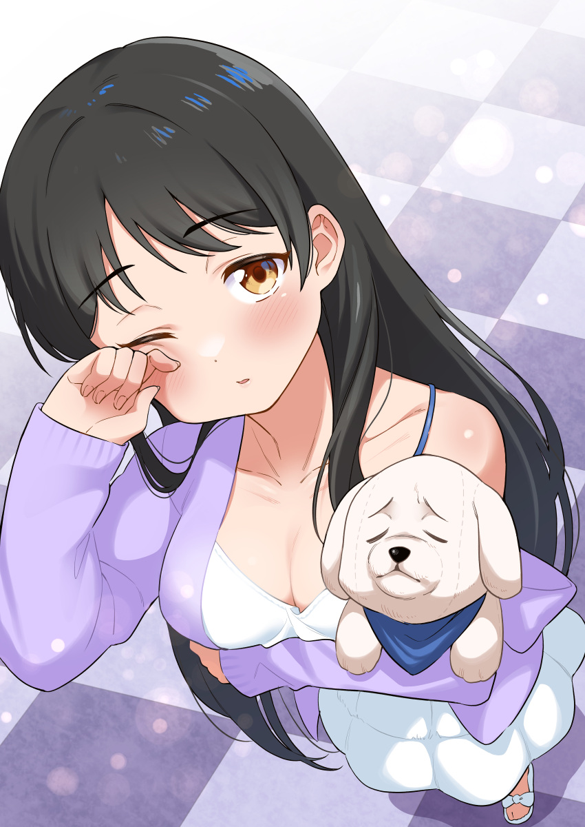 1girl absurdres bangs birthday black_hair blush breasts chibi_(love_live!_superstar!!) cleavage collarbone commentary eyebrows_visible_through_hair hair_down hazuki_ren highres koaraya large_breasts long_hair looking_at_viewer love_live! love_live!_superstar!! one_eye_closed solo stuffed_animal stuffed_dog stuffed_toy very_long_hair yellow_eyes