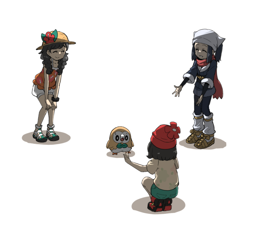 3girls akari_(pokemon) bandana beanie bird black_hair blue_hair braid closed_eyes dual_persona from_behind green_shorts hat meka_(77111994) multiple_girls open_arms owl pokemon pokemon_(creature) pokemon_(game) pokemon_legends:_arceus pokemon_sm pokemon_usum puffy_shorts rowlet scarf selene_(pokemon) shoes shorts smile sneakers sun_hat sweatdrop time_paradox twin_braids white_shorts