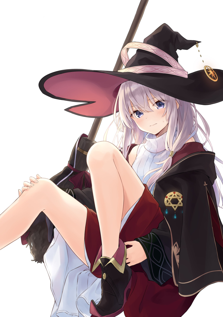 1girl absurdres ankle_boots azuuru bangs bare_legs bare_shoulders black_cloak black_coat black_footwear black_headwear blush boots broom cloak closed_mouth coat elaina_(majo_no_tabitabi) emblem eyebrows_visible_through_hair hair_between_eyes hand_on_own_knee hat highres knees_up legs long_hair long_sleeves looking_at_viewer majo_no_tabitabi novel_illustration off_shoulder official_art pointy_footwear purple_eyes red_skirt ribbed_sweater sidelocks silver_hair simple_background sitting skirt sleeveless sleeveless_turtleneck solo sweatdrop sweater textless turtleneck upskirt white_background witch witch_hat