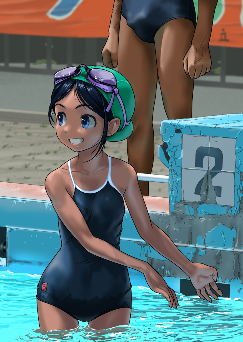 1boy 1girl black_hair blue_eyes blue_swimsuit collarbone commentary_request competition_school_swimsuit cowboy_shot dark_skin goggles goggles_on_head grin highres long_hair looking_to_the_side male_swimwear original pool rohitsuka school_swimsuit smile solo_focus starting_block swim_briefs swimsuit tan tanlines wading water