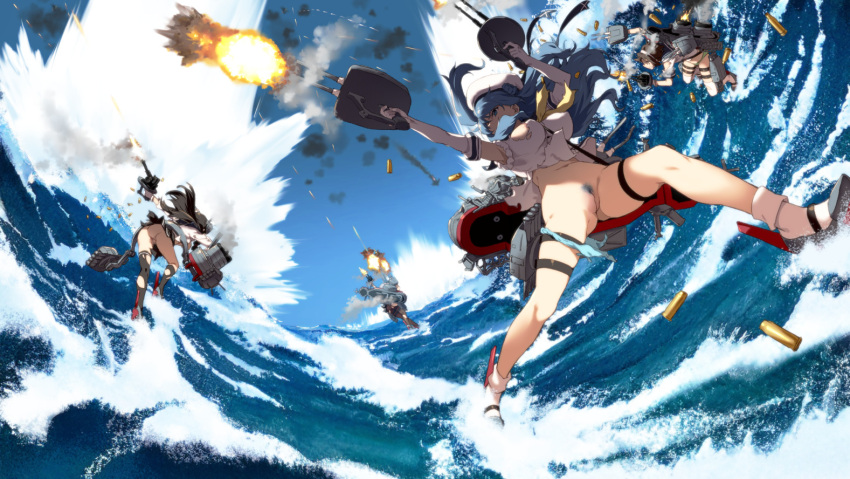 4girls action beret black_hair blue_eyes blue_hair bottomless breasts commentary_request day double_bun elbow_gloves firing gloves hairband hamakaze_(kancolle) hat isokaze_(kancolle) kantai_collection large_breasts long_hair multiple_girls no_pants ocean outdoors panties panties_around_one_leg pleated_skirt pubic_hair pussy remodel_(kantai_collection) rigging rudder_footwear sailor_collar shell_casing short_hair silver_hair skirt takemura_sessyu tanikaze_(kancolle) thigh_strap torn_clothes torpedo_tubes turret uncensored underwear urakaze_(kancolle) walking walking_on_liquid white_gloves white_hairband white_headwear