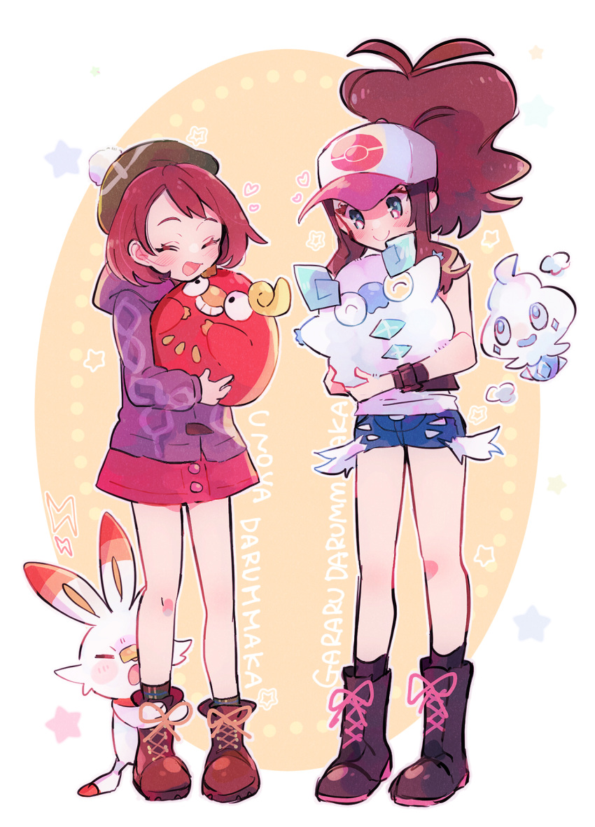 2girls :d baseball_cap black_vest blush bob_cut boots brown_footwear brown_hair buttons cable_knit cardigan closed_eyes commentary_request darumaka dress eyelashes galarian_darumaka gloria_(pokemon) green_headwear green_legwear grey_cardigan hat heart high_ponytail highres hilda_(pokemon) holding holding_pokemon hooded_cardigan leg_cling long_hair misha_(ohds101) multiple_girls open_mouth plaid plaid_legwear pokemon pokemon_(creature) pokemon_(game) pokemon_bw pokemon_swsh scorbunny shirt short_hair sidelocks sleeveless sleeveless_shirt smile socks tam_o'_shanter tongue vanillite vest white_shirt