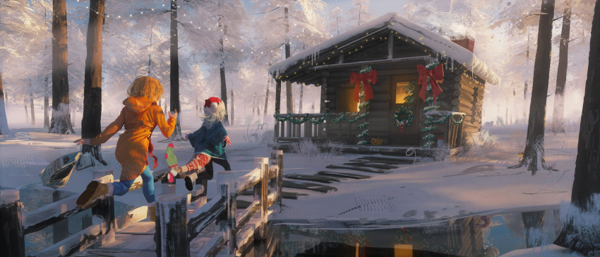 2girls absurdres animal blonde_hair bloop_(gawr_gura) chimney chmyxo christmas_lights christmas_tree coat fish_tail gawr_gura hat highres hololive hololive_english hood hood_down icicle multiple_girls outdoors running santa_hat shark_tail silver_hair smol_ame snow tail tree virtual_youtuber watson_amelia winter_clothes winter_coat wreath