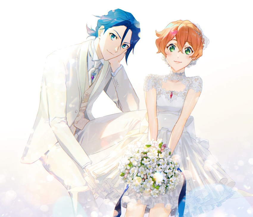 1boy 1girl absurdres bangs blue_eyes blue_hair blue_ribbon blush bouquet breasts collared_shirt dress eyebrows_visible_through_hair flower formal freyja_wion green_eyes hair_behind_ear hair_between_eyes hair_ornament hand_on_own_face hayate_immelmann heart heart_hair_ornament highres holding holding_bouquet jacket looking_at_viewer macross macross_delta mosako necktie orange_hair pants ribbon shirt shoes sitting small_breasts smile suit tied_hair white_dress white_flower white_footwear white_jacket white_necktie white_pants white_shirt white_suit