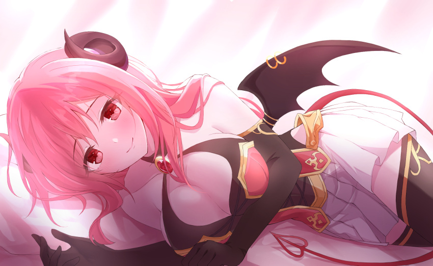 1girl bare_shoulders blush breasts brooch choker curled_horns demon_tail demon_wings elbow_gloves gloves highres horns io_(princess_connect!) jewelry large_breasts looking_at_viewer lying on_side pink_hair princess_connect! red_eyes skirt smile solo tail thighhighs white_l wings