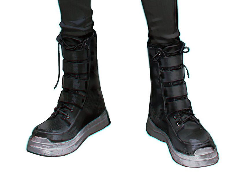 1other ambiguous_gender belt_boots black_footwear black_pants black_theme boots chromatic_aberration close-up commentary_request cross-laced_footwear feet feet_only foot_focus knee_boots lace-up_boots original out_of_frame pants quuni simple_background solo standing white_background