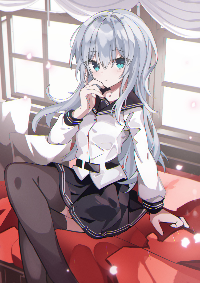 1girl absurdres anatomical_nonsense bad_anatomy bad_leg black_legwear black_sailor_collar black_skirt blue_eyes blush buttons closed_mouth eyebrows_visible_through_hair fathom feet_out_of_frame hair_between_eyes hibiki_(kancolle) highres kantai_collection long_hair long_sleeves looking_at_viewer no_hat no_headwear pleated_skirt sailor_collar sailor_shirt shirt silver_hair skirt smile solo thighhighs verniy_(kancolle) white_shirt window