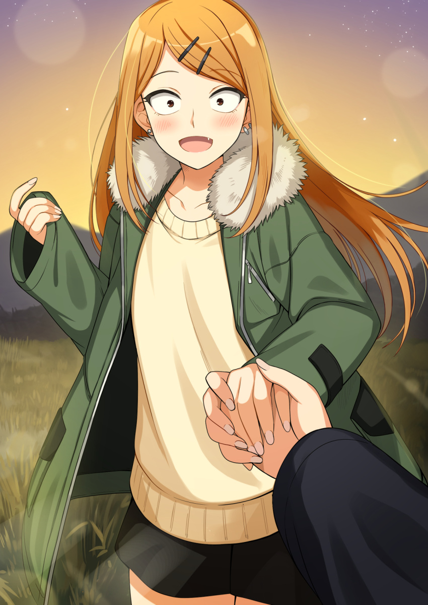 1girl blonde_hair blush breasts brown_eyes commentary_request commission commissioner_upload constricted_pupils dagashi_kashi day ear_piercing earrings endou_saya eyebrows_visible_through_hair fang hair_ornament hairclip highres holding_hands jewelry long_hair looking_at_viewer multiple_piercings open_mouth outdoors oversized_clothes parka piercing pov sanpaku skirt sky small_breasts smile solo wara_(warapro)