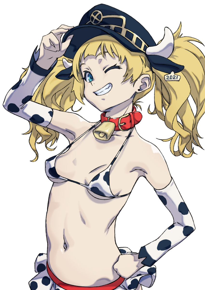 1girl 2021 alternate_breast_size animal_ears animal_print arad_baranga arm_up bell bikini blonde_hair blue_eyes breasts chinese_zodiac collar collarbone covered_nipples cow_horns cow_print cowbell detached_sleeves ear_tag fake_animal_ears hand_on_headwear hand_on_hip highres horns horns_through_headwear large_breasts long_hair monika_weisswind navel neck_bell one_eye_closed red_collar shingeki_no_bahamut simple_background skirt small_breasts smile solo swimsuit teeth twintails white_background white_horns year_of_the_ox