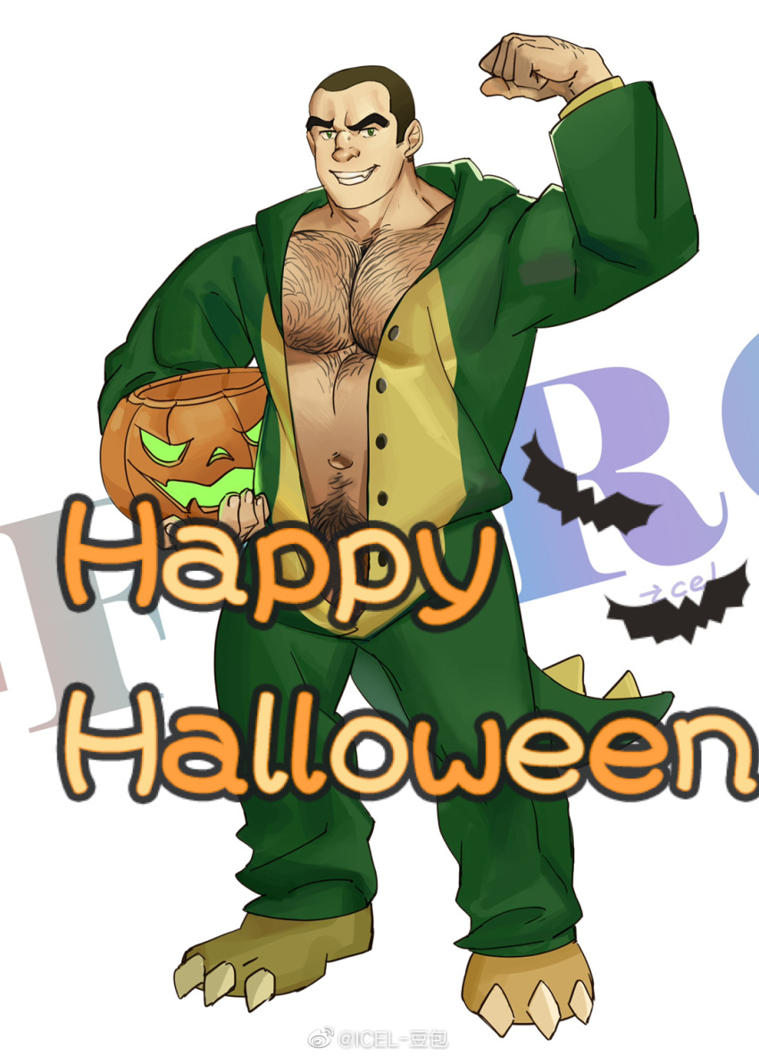 1boy alternate_pectoral_size bara belly biceps buck_(q-force) bulge buzz_cut chest_hair dinosaur_costume dinosaur_tail flexing full_body grin hairy halloween_costume happy_halloween highres icelernd jack-o'-lantern large_pectorals looking_at_viewer male_focus male_pubic_hair mature_male muscular muscular_male navel navel_hair open_clothes pectoral_cleavage pectorals plump pose pubic_hair pubic_hair_peek q-force short_hair sideburns smile solo stomach tail thick_eyebrows unbuttoned very_short_hair weibo_logo weibo_username