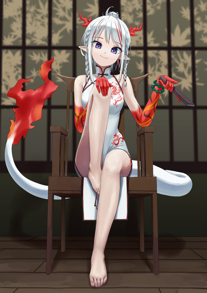 1girl absurdres alohayuja arknights bare_legs barefoot bead_bracelet beads bracelet braid breasts chair china_dress chinese_clothes closed_mouth colored_skin commentary dragon_girl dragon_horns dragon_print dragon_tail dress english_commentary eyebrows_visible_through_hair folding_fan full_body hand_fan highres holding holding_fan horns jewelry knee_up looking_at_viewer medium_breasts medium_hair multicolored_hair multicolored_skin nian_(arknights) nian_(unfettered_freedom)_(arknights) pelvic_curtain pointy_ears ponytail purple_eyes red_hair red_skin sidelocks silver_hair sitting sleeveless sleeveless_dress smile solo streaked_hair tail thighs twin_braids two-tone_hair white_dress wooden_floor