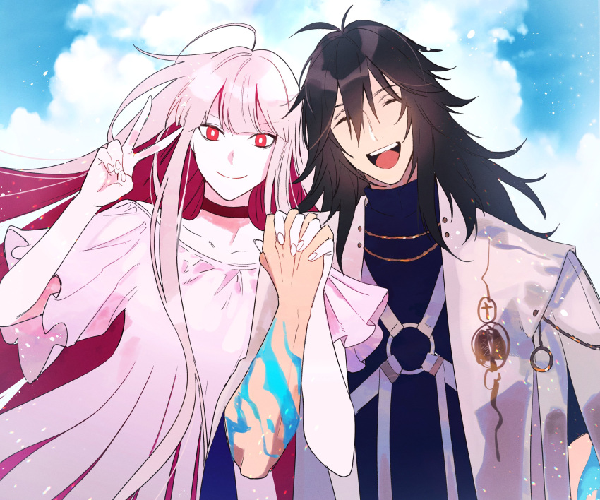 1boy 1girl absurdres ahoge black_hair body_markings choker colored_skin fate/grand_order fate_(series) highres holding_hands long_hair oryou_(fate) oryou_(lancer)_(fate) pink_hair red_eyes ryousuke_(tukr5384) sakamoto_ryouma_(fate) sakamoto_ryouma_(lancer)_(fate) smile v very_long_hair white_skin