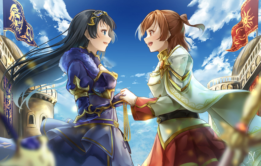 2girls :d absurdres aijou_karen aoi_hane armor artist_name bangs belt belt_buckle black_belt black_hair blue_belt blue_dress blue_eyes blue_gloves blue_sky blurry blurry_foreground brown_eyes brown_hair buckle building buttons cape castle chain cloud commentary_request cowboy_shot day dress eye_contact flag floating_cape floating_hair from_side gloves gold_chain gold_trim highres holding_hands jacket juliet_sleeves kagura_hikari long_hair long_sleeves looking_at_another military military_uniform multiple_girls official_alternate_costume one_side_up open_mouth outdoors pauldrons pleated_skirt profile puffy_sleeves red_skirt short_hair shoujo_kageki_revue_starlight shoujo_kageki_revue_starlight_-re_live- shoulder_armor signature single_stripe skirt sky sleeve_cuffs smile standing striped striped_skirt sword teeth tiara uniform upper_teeth vambraces weapon white_cape white_gloves white_jacket