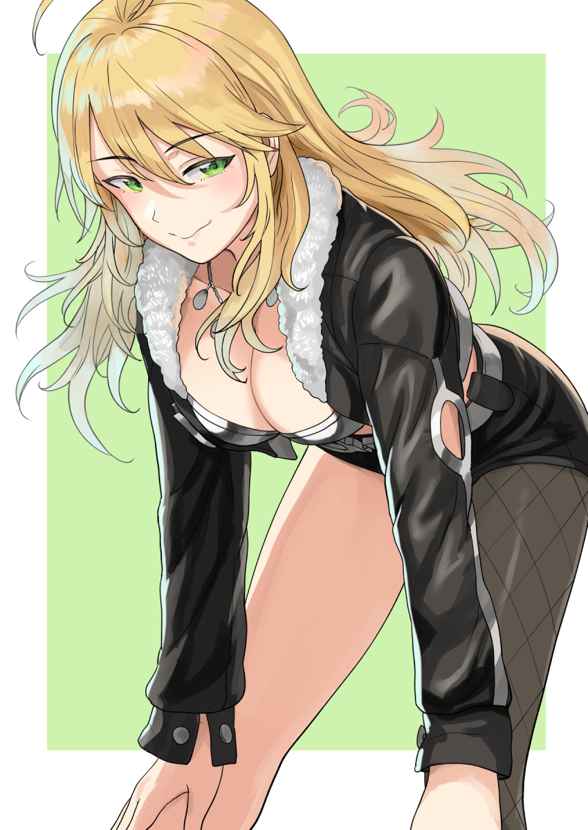 1girl ahoge bare_legs belt bent_over black_jacket black_legwear black_shorts blush border bra breasts cleavage closed_mouth commentary feet_out_of_frame fur-trimmed_jacket fur_trim green_background green_eyes grey_bra highres hoshii_miki idolmaster idolmaster_(classic) jacket jewelry large_breasts long_hair long_sleeves looking_at_viewer necklace open_clothes open_jacket outside_border short_shorts shorts simple_background single_leg_pantyhose smile solo standing tsurui underwear white_border