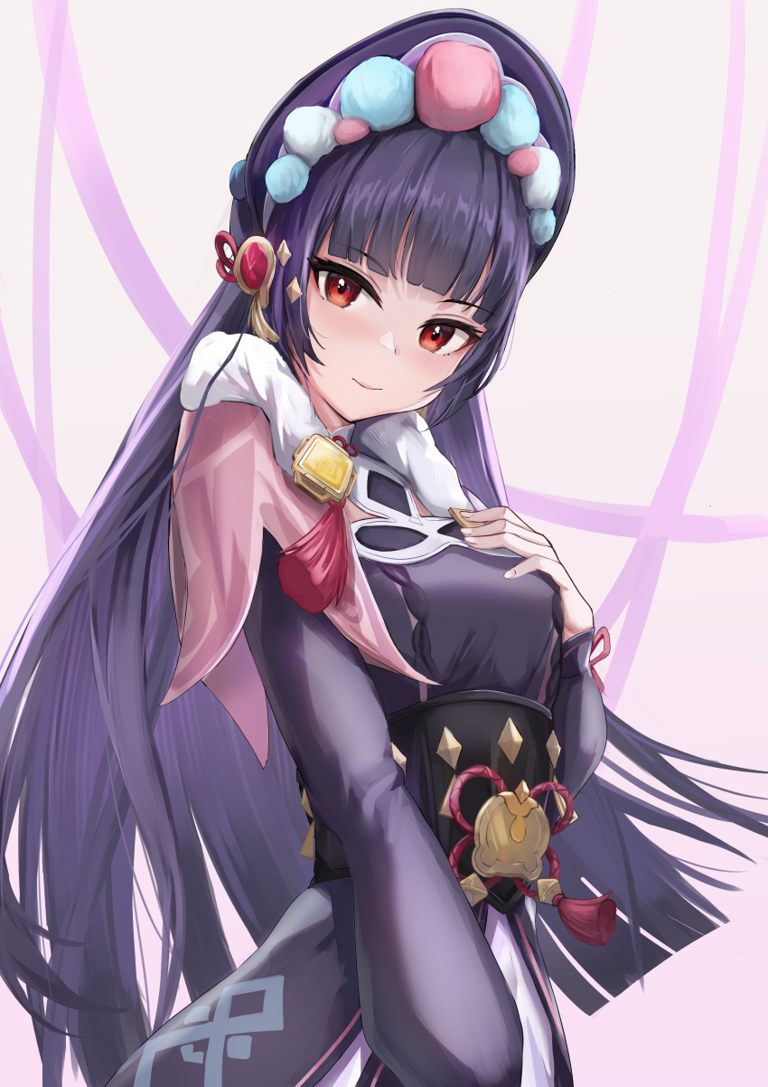 1girl absurdres bangs black_hair blunt_bangs blush bonnet breasts dress fur_collar genshin_impact highres long_hair long_sleeves looking_at_viewer medium_breasts purple_dress purple_headwear red_eyes revision skai_kun solo tassel yunjin_(genshin_impact)