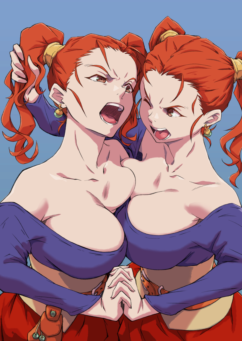 2girls absurdres arad_baranga belt_pouch blue_background blue_shirt breast_press breasts brown_eyes catfight collarbone dragon_quest earrings grabbing_another's_hair highres jessica_albert jewelry large_breasts long_hair looking_at_another multiple_girls off-shoulder_shirt off_shoulder one_eye_closed open_mouth orange_hair pouch selfcest shirt simple_background single_earring teeth tongue twintails