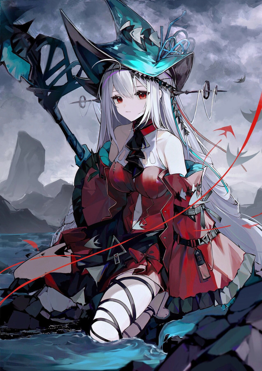 1girl aqua_gloves aqua_headwear arknights ascot bangs bare_shoulders black_ascot black_ribbon boots breasts closed_mouth detached_sleeves dress fish gloves hair_between_eyes hat headgear heridy highres holding holding_staff leg_ribbon long_hair long_sleeves looking_at_viewer official_alternate_costume outdoors red_dress red_eyes revision ribbon shore short_dress silver_hair sitting skadi_(arknights) skadi_the_corrupting_heart_(arknights) solo staff thigh_strap thighs very_long_hair water weapon white_footwear
