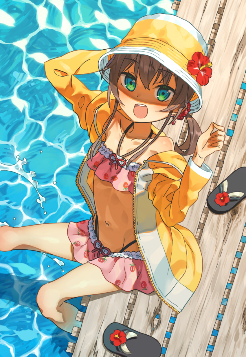 1girl arm_behind_head bikini blue_eyes blue_o brown_hair bucket_hat flower food_print halterneck hat hibiscus highres hololive jacket long_sleeves looking_at_viewer looking_up medium_hair natsuiro_matsuri navel ocean on_ground open_mouth orange_headwear orange_jacket outdoors pier pink_bikini polka_dot polka_dot_scrunchie red_scrunchie scrunchie shade side_ponytail slippers slippers_removed solo splashing strawberry_print swimsuit teeth upper_teeth virtual_youtuber