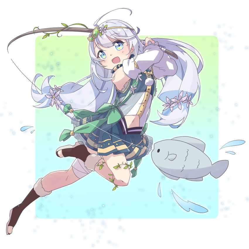 1girl :d aoba_chika aqua_eyes clothing_cutout detached_sleeves fish fishing_rod flower hair_flower hair_ornament highres holding holding_fishing_rod low_twintails magia_record:_mahou_shoujo_madoka_magica_gaiden mahou_shoujo_madoka_magica megitti miniskirt plant ribbon skirt smile solo stomach_cutout twintails vines white_hair