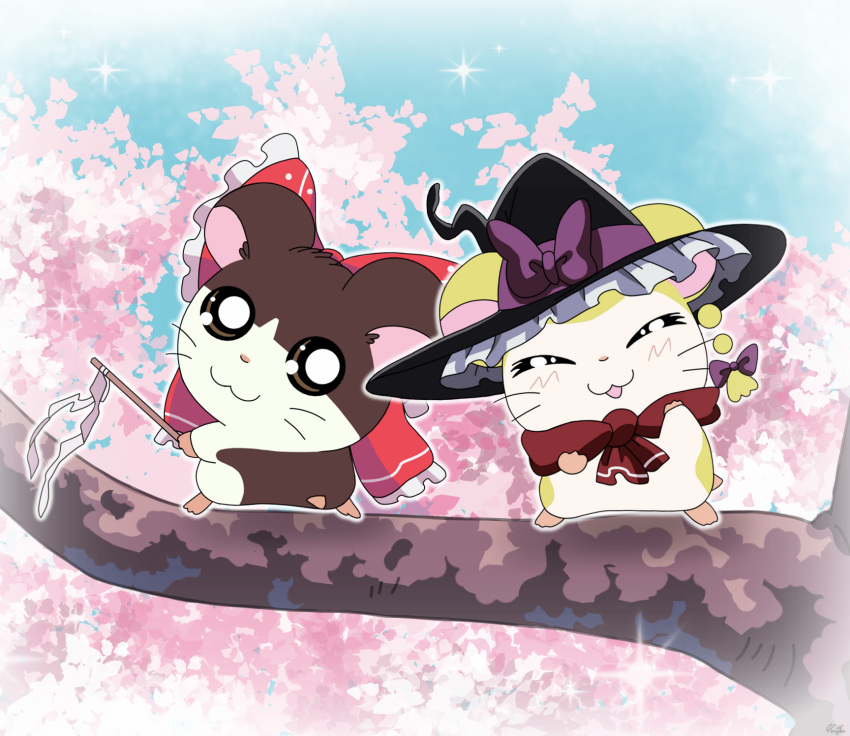 2girls animal animal_ears arm_up black_eyes black_headwear blue_sky blush bow branch brown_eyes cherry_blossoms closed_eyes closed_mouth colored_skin dark_skin frills gohei hakurei_reimu hamster_ears hamster_tail hamtaro_(series) hand_up hat hat_bow highres kirisame_marisa looking_at_viewer multiple_girls open_mouth parody purple_bow red_bow red_scarf remyfive scarf sitting sky smile star_(symbol) tail touhou tree white_skin witch_hat yellow_skin