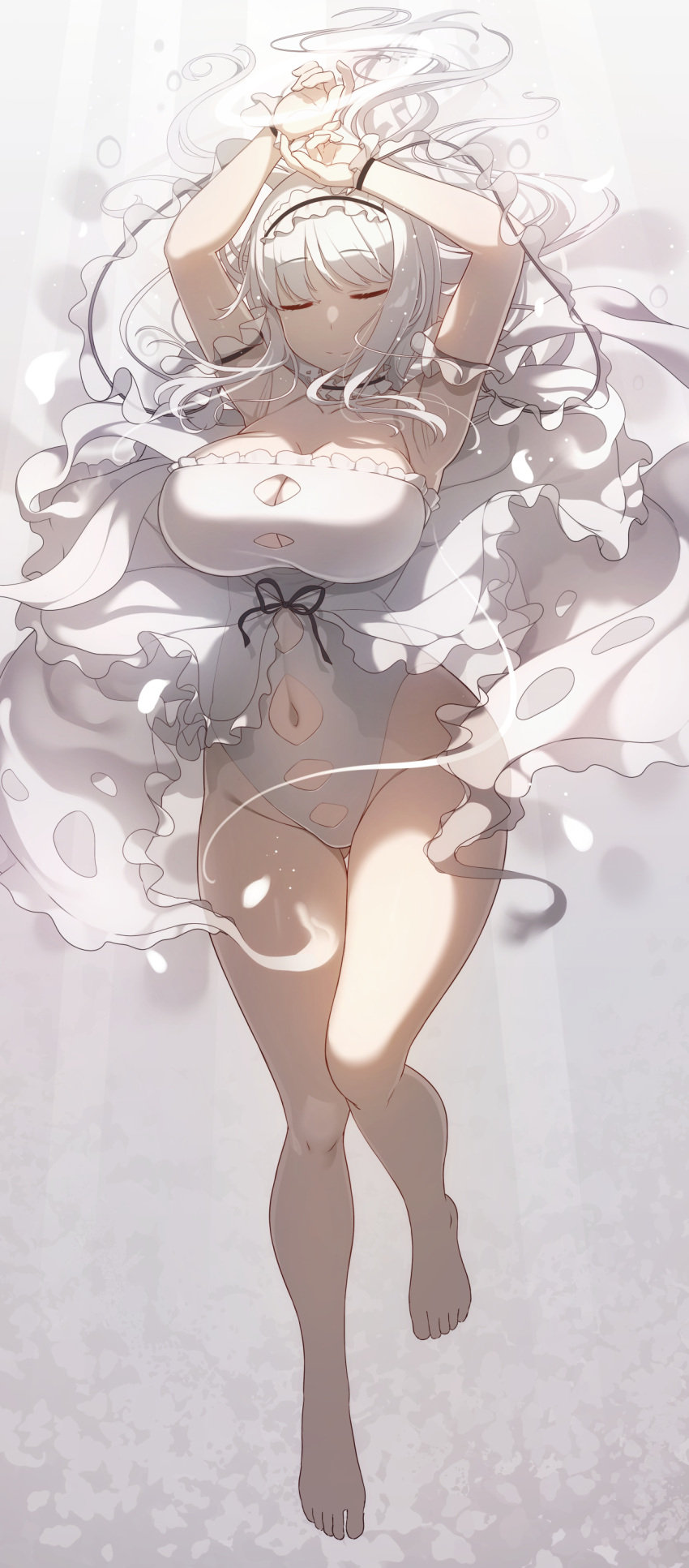 1girl absurdres arms_up bangs bare_legs breasts cleavage closed_eyes clothing_cutout commentary dress frilled_dress frilled_hairband frills full_body hairband highres large_breasts leotard long_hair navel navel_cutout original samegami smile solo white_dress white_hair white_leotard