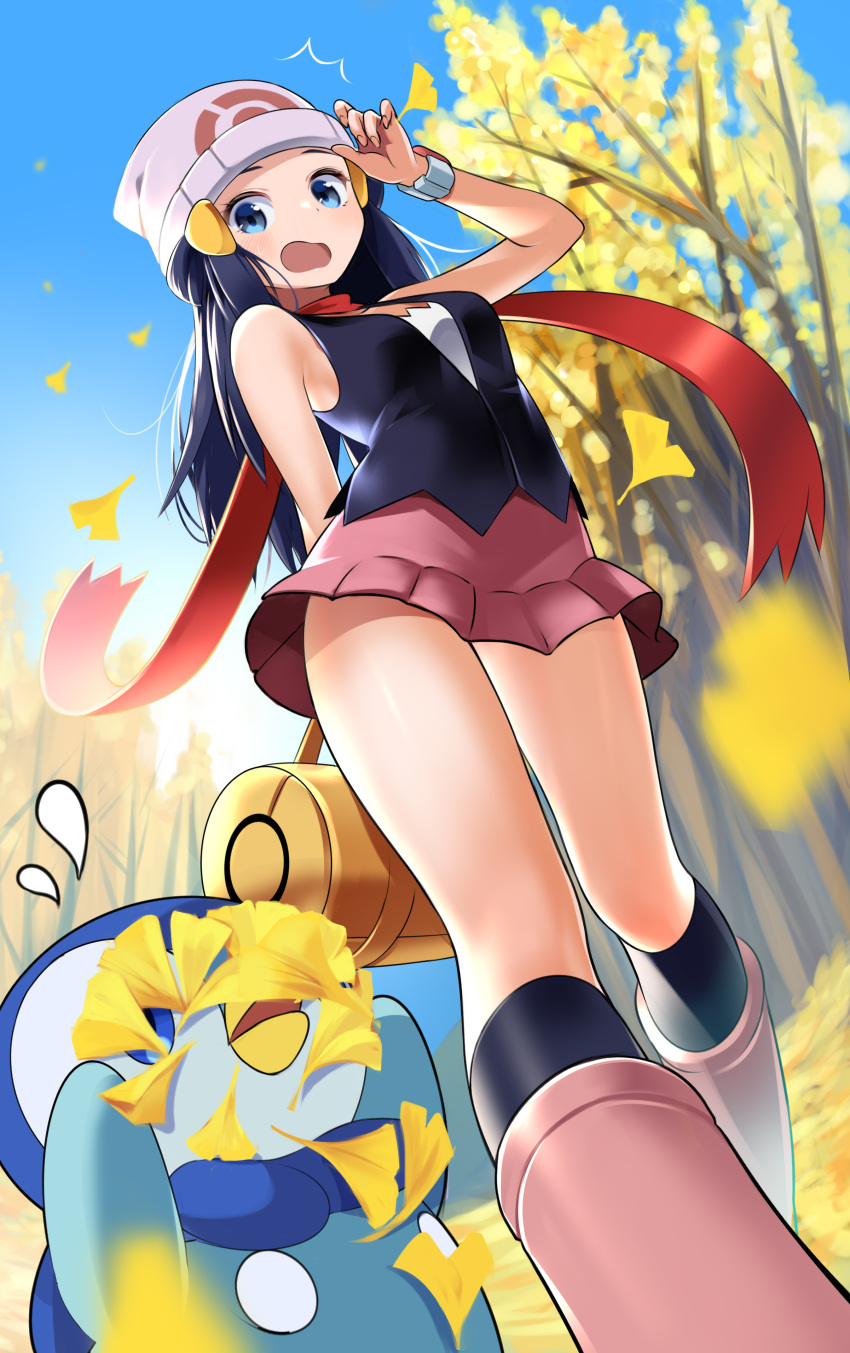 1girl absurdres arm_behind_back beanie blue_eyes blue_hair blue_sky boots breasts dawn_(pokemon) day falling_leaves falling_petals from_below hand_on_headwear hand_up hat highres knee_boots kneehighs leaf legs long_hair looking_at_viewer miniskirt open_mouth outdoors petals piplup pokemon pokemon_(creature) pokemon_(game) pokemon_dppt poketch scarf skirt sky small_breasts straight_hair thighs tm_(hanamakisan) watch wristwatch