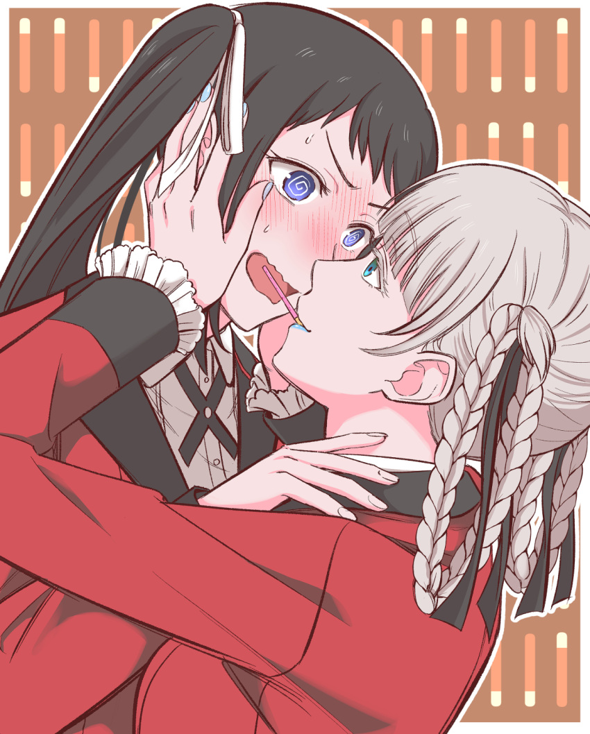 2girls @_@ aqua_eyes aqua_lips ba_90mushi black_hair blue_eyes blush commentary_request food food_in_mouth hands_on_another's_cheeks hands_on_another's_face highres hyakkaou_academy_uniform igarashi_sayaka kakegurui lipstick makeup momobami_kirari multiple_girls open_mouth pocky pocky_kiss wavy_mouth white_hair yuri