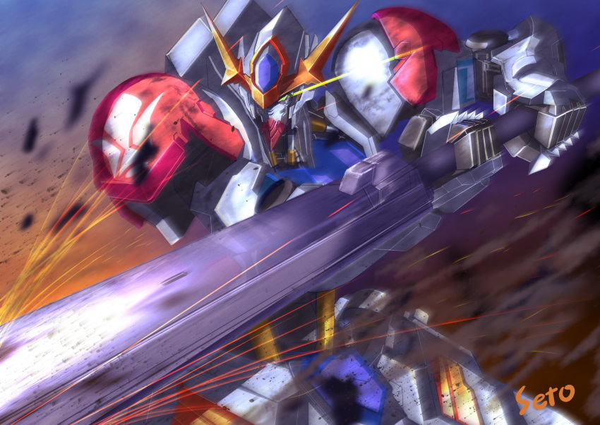 artist_name dust gundam gundam_barbatos gundam_barbatos_lupus gundam_tekketsu_no_orphans highres holding holding_sword holding_weapon looking_to_the_side mecha mobile_suit motion_blur no_humans piston science_fiction seto_(atsushi533822) solo sparks sword v-fin weapon