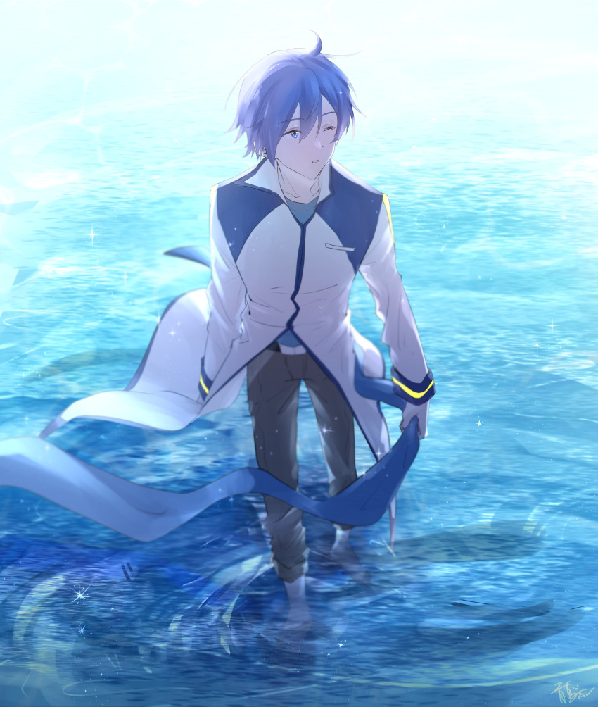 1boy ;o absurdres blue_hair coat commentary highres holding holding_clothes holding_scarf kaito_(vocaloid) long_sleeves male_focus one_eye_closed parang_99 parted_lips scarf scarf_removed shallow_water solo standing vocaloid wading water