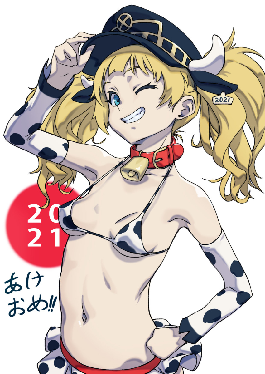 1girl 2021 alternate_breast_size animal_ears animal_print arad_baranga arm_up bell bikini blonde_hair blue_eyes breasts chinese_zodiac collar collarbone covered_nipples cow_horns cow_print cowbell detached_sleeves ear_tag fake_animal_ears hand_on_headwear hand_on_hip highres horns horns_through_headwear large_breasts long_hair monika_weisswind navel neck_bell one_eye_closed red_collar shingeki_no_bahamut simple_background skirt small_breasts smile solo swimsuit teeth twintails white_background white_horns year_of_the_ox