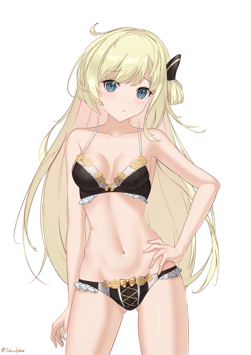 1girl absurdres ass_visible_through_thighs bangs black_bra black_panties blonde_hair blue_eyes blush bra breasts cleavage collarbone cowboy_shot duel_monster eyebrows_visible_through_hair groin hair_ornament hand_on_hip highres lingerie long_hair looking_at_viewer medium_breasts navel panties parted_lips shinalpha shiny shiny_hair simple_background sky_striker_ace_-_raye solo standing twitter_username underwear underwear_only very_long_hair white_background yu-gi-oh!