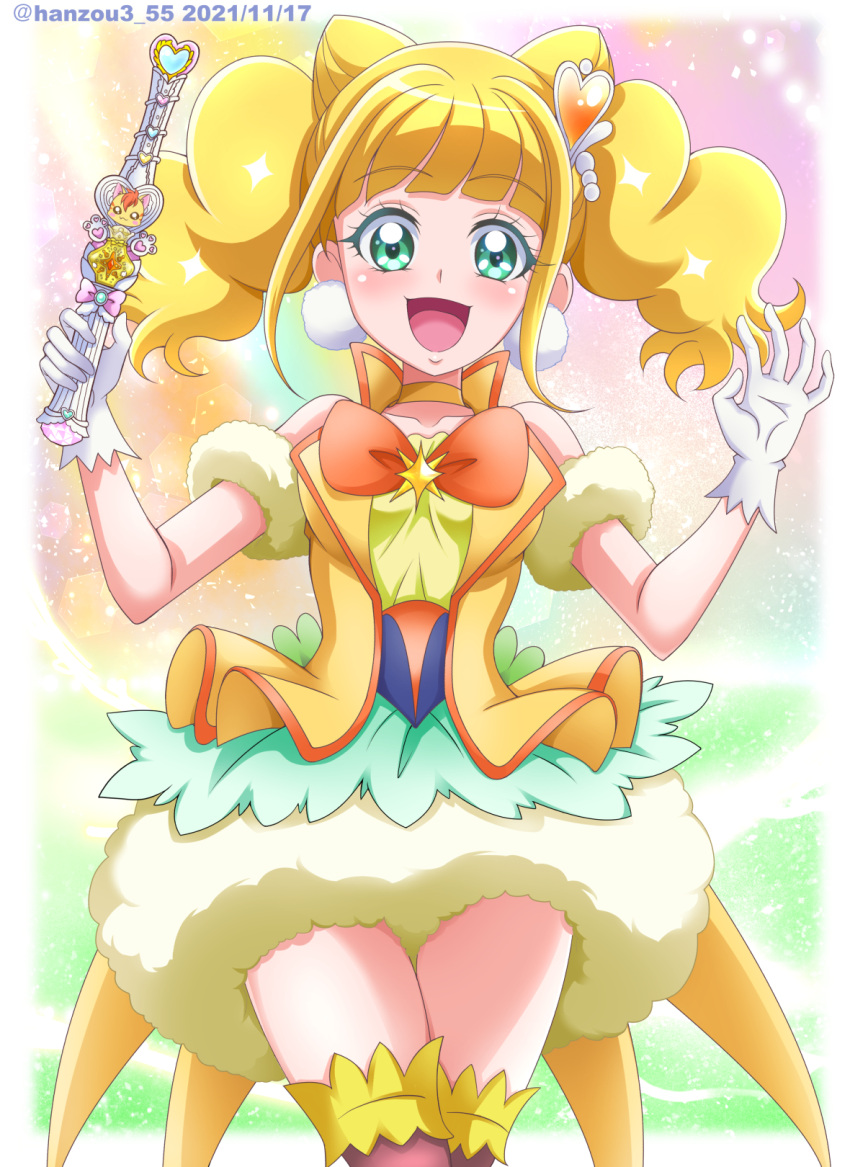 1girl :d arm_scrunchie bangs blonde_hair blunt_bangs bow bowtie choker collarbone cowboy_shot cure_sparkle earrings eyebrows_visible_through_hair gloves green_eyes hair_cones hanzou healin'_good_precure highres hiramitsu_hinata holding jewelry long_hair looking_at_viewer orange_bow orange_bowtie precure shiny shiny_hair smile solo standing twintails white_gloves yellow_choker