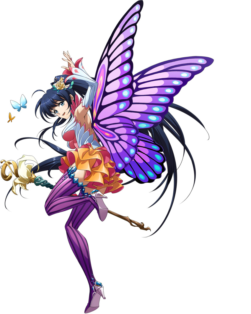 1girl backless_outfit blue_hair bug butterfly butterfly_wings detached_sleeves floating_hair flower full_body hair_flower hair_ornament high_heels highres holding holding_staff jessica_(langrisser) langrisser layered_skirt leg_up long_hair long_sleeves looking_at_viewer miniskirt official_art ponytail purple_legwear rose shiny shiny_hair skirt solo staff striped striped_legwear thighhighs transparent_background vertical-striped_legwear vertical_stripes very_long_hair white_sleeves wings yellow_flower yellow_rose zettai_ryouiki