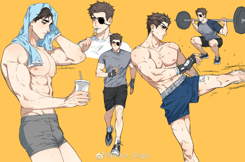 1boy abs anderain artist_name bandaged_hand bandages bara black_gloves black_shorts blue_shorts blush boxers boxing_shorts brown_hair closed_mouth cup disposable_cup exercise eyepatch fingerless_gloves fork gloves grey_male_underwear grey_shirt high_kick highres holding holding_cup holding_fork kicking large_pectorals male_focus male_underwear multiple_views muscular muscular_male navel nipples ombra_(anderain) one_eye_covered original pectorals shirt short_hair shorts squatting sweat thighs towel towel_around_neck underwear utensil_in_mouth weibo_username weightlifting weights white_shirt