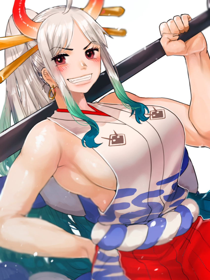 1girl ahoge aqua_hair armpits bare_arms bare_shoulders blush breasts brown_eyes club_(weapon) commentary_request cowboy_shot curled_horns dutch_angle earrings eyebrows_visible_through_hair green_hair grey_hair grin hair_ornament hair_stick hakama hand_on_hip hand_up high_ponytail highres holding holding_weapon horns japanese_clothes jewelry kimono large_breasts long_hair looking_at_viewer lostdog121 multicolored_hair multicolored_horns one_piece oni over_shoulder partial_commentary red_horns rope shimenawa sideboob sidelocks sleeveless sleeveless_kimono smile solo v-shaped_eyebrows very_long_hair weapon weapon_over_shoulder yamato_(one_piece)