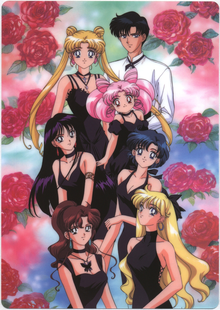 1990s_(style) 1boy 6+girls absurdres aino_minako armlet bishoujo_senshi_sailor_moon black_dress black_eyes black_hair black_neckwear blonde_hair blue_eyes blue_hair breasts brown_hair card_(medium) chiba_mamoru chibi_usa choker cleavage crystal_earrings double_bun dress dress_shirt earrings floral_background flower formal green_eyes high_ponytail highres hino_rei jewelry kino_makoto long_hair looking_at_viewer mizuno_ami multiple_girls official_art pink_eyes pink_hair retro_artstyle rose scan shirt short_hair sleeveless sleeveless_dress smile tsukino_usagi twintails very_long_hair