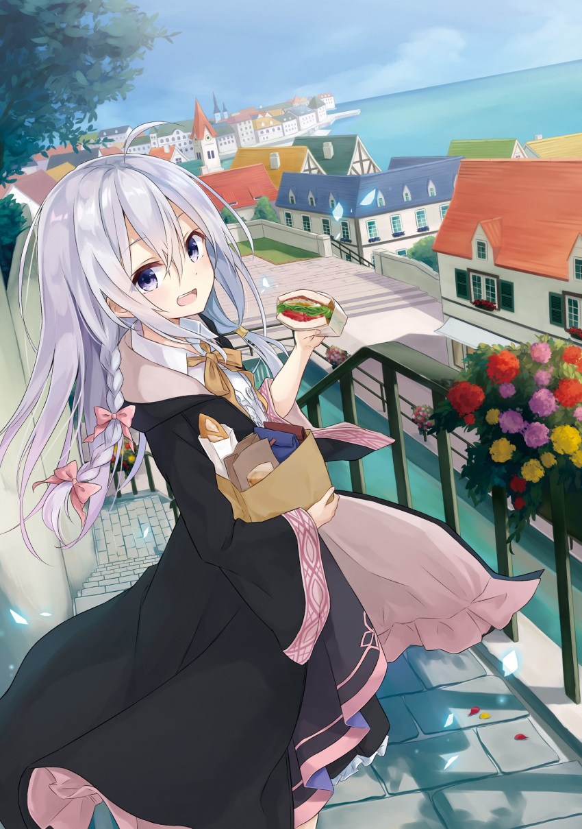 1girl ahoge azuuru bag baguette bangs blush bow bowtie braid bread building canal city cityscape collared_shirt cover_image day dutch_angle elaina_(majo_no_tabitabi) flower food hair_between_eyes hair_bow half-timbered highres holding holding_bag holding_food horizon long_hair long_sleeves looking_at_viewer looking_to_the_side majo_no_tabitabi no_hat no_headwear novel_illustration ocean official_art open_mouth outdoors paper_bag petals pink_bow plant planter potted_plant purple_eyes railing robe rooftop sandwich second-party_source shiny shiny_hair shirt silver_hair sky smile solo spire stairs sunlight textless tree wide_sleeves wing_collar yellow_bow
