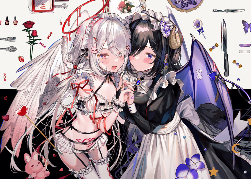 +_+ 2girls @_@ absurdres angel_wings apron arrow_(projectile) bandaid bandaid_on_hand bangs black_dress black_hair black_ribbon blood blood_bag blood_on_knife blue_eyes bow bowtie bra bug bunny_hair_ornament butterfly candy commentary crescent demon_horns demon_tail demon_wings detached_sleeves dress ear_piercing earrings eyes_visible_through_hair feathered_wings flower food fork frilled_hairband frilled_legwear frills hair_ornament hair_over_one_eye hairband halo heart heart_hair_ornament heterochromia highres holding_hands horns jewelry juliet_sleeves knife long_hair long_sleeves maid_headdress multicolored_hair multiple_girls nail_polish original panties piercing pointy_ears pubic_tattoo puffy_sleeves purple_butterfly purple_flower purple_hair red_eyes red_flower red_nails red_ribbon red_rose red_tulip ribbon rose short_sleeves silver_hair spoon star_(symbol) streaked_hair stuffed_animal stuffed_bunny stuffed_toy symbol-only_commentary tail tail_ornament tail_ribbon tattoo tearing_up thighhighs tulip underwear very_long_hair white_apron white_background white_bow white_bowtie white_bra white_eyes white_legwear white_panties wings y_o_u_k_a
