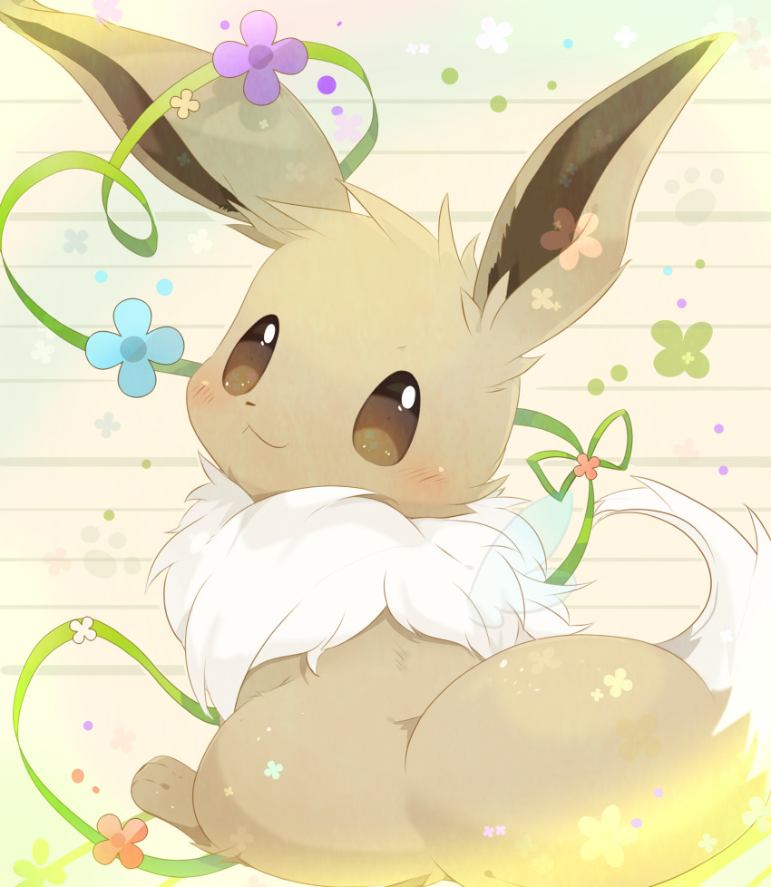 blush brown_eyes closed_mouth commentary_request eevee green_ribbon highres looking_at_viewer looking_back no_humans pokemon pokemon_(creature) ribbon sitting smile solo toes ushiina